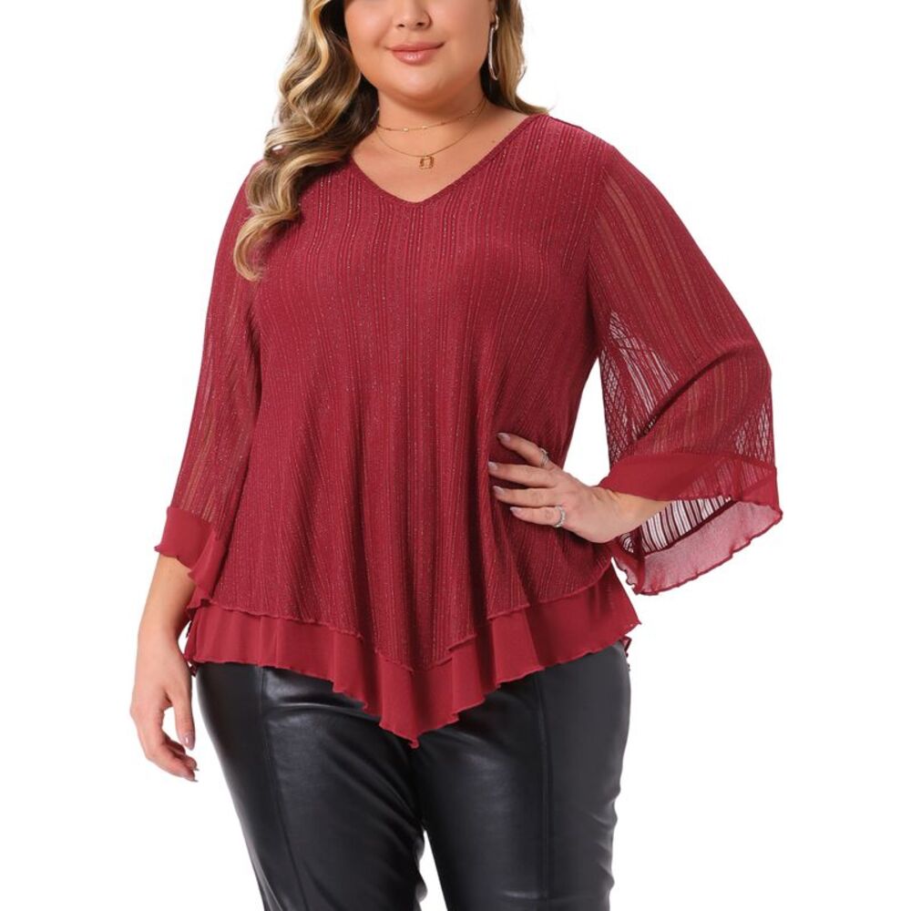 Plus Size Ruffle 3/4 Sleeve Tunic V Neck Double Layers Mesh Blouse Burgundy